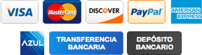 Tarjetas y métodos de pago aceptados: Visa, MasterCard, Discover, PayPal, American Express, Azul, transferencia y depósito bancario